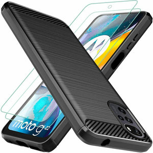 Motorola Moto G22 Case Carbon Fibre Cover & Glass Screen Protector