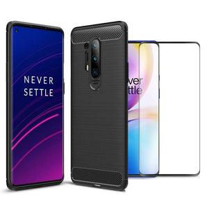 OnePlus 8 Pro / 5G Case Carbon Gel Cover & Full Glass Screen Protector