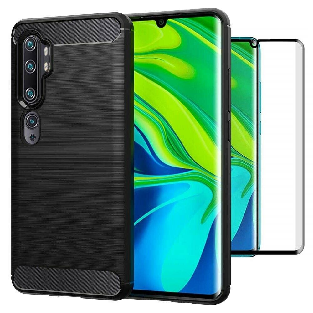 Xiaomi Mi Note 10 Pro Case Carbon Gel Cover & Full Glass Screen Protector