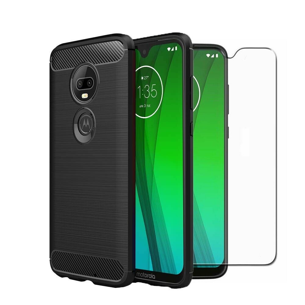 Motorola Moto G7 Plus Case Carbon Fibre Cover & Glass Screen Protector